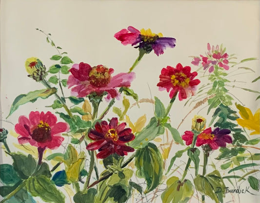 Zinnia Medley, original acrylic painting on paper 16 X 20