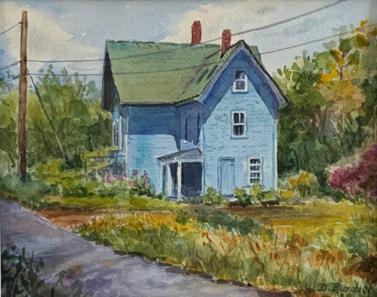 The Blue House, 8 X 10 watercolor in 11 X 14 white mat, unframed