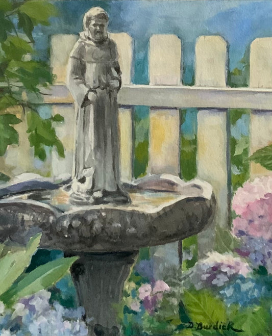 St. Francis In The Garden, 10 X 8 Acrylic in 11 x 14 white mat, unframed