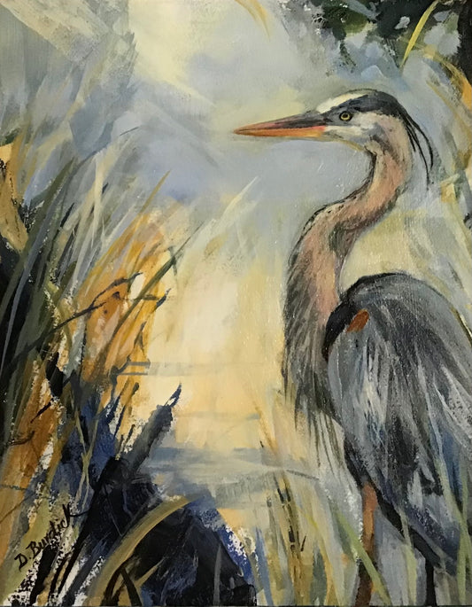 Blue Heron, acrylic on panel 11 x 14 framed