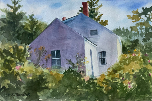 Monhegan Cottage, watercolor painting , mounted in white mat 11 x 14, unframed